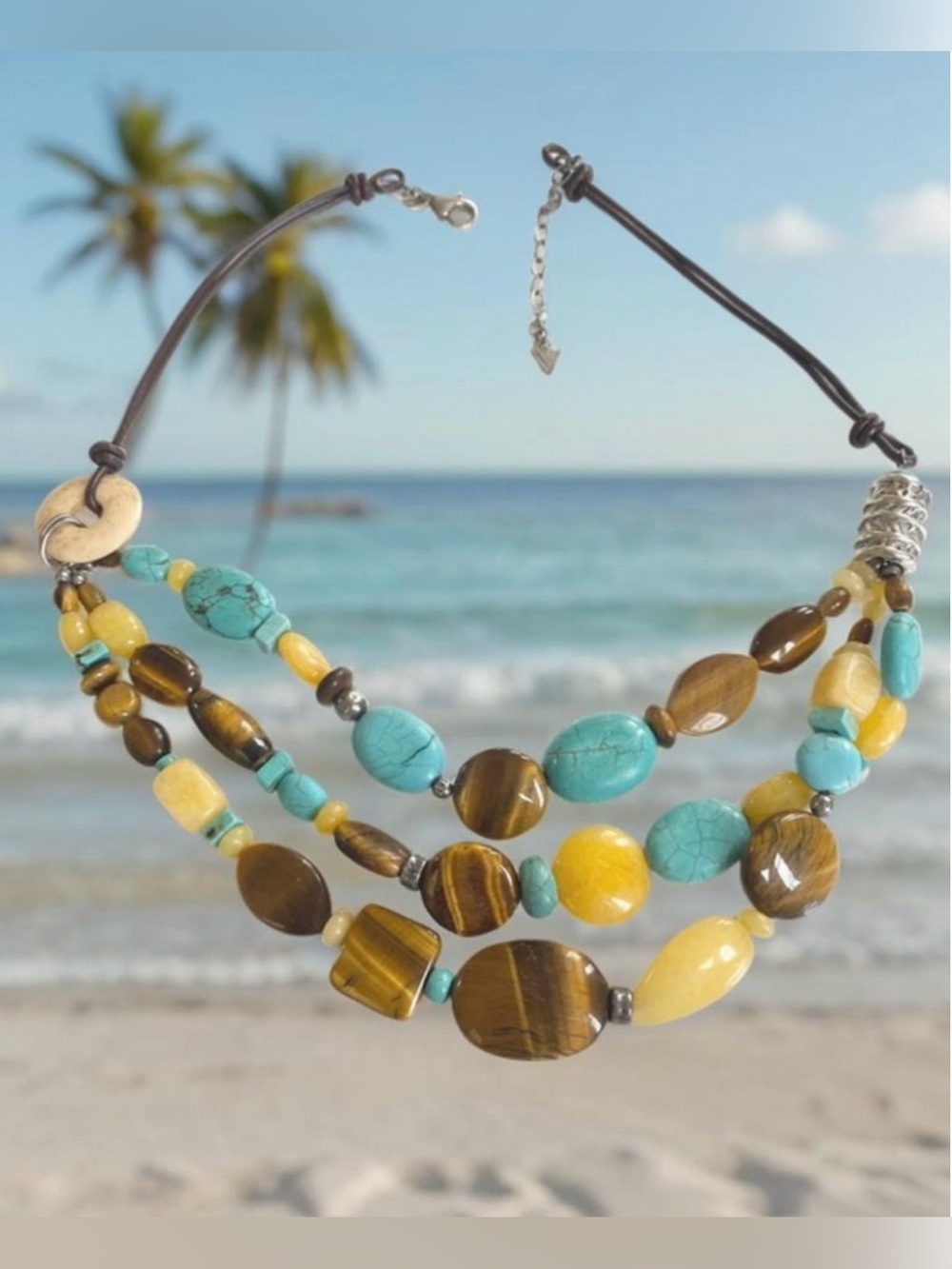 Boho Multi-Strand Turquoise & Yellow Jade Bead Necklace N1858 18” inches +